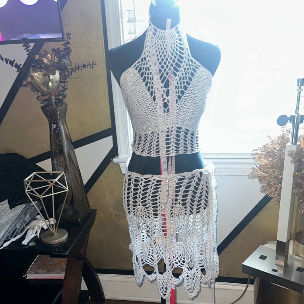 Fashion Nova White Crochet Halter Swim Cover-Up Set